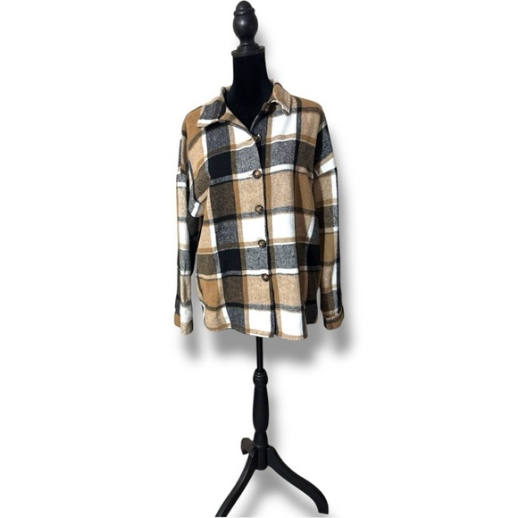 Unbranded Women's Long Sleeve Button Down Tan/Black/White Loose Flannel Shirt - Picture 2 of 15